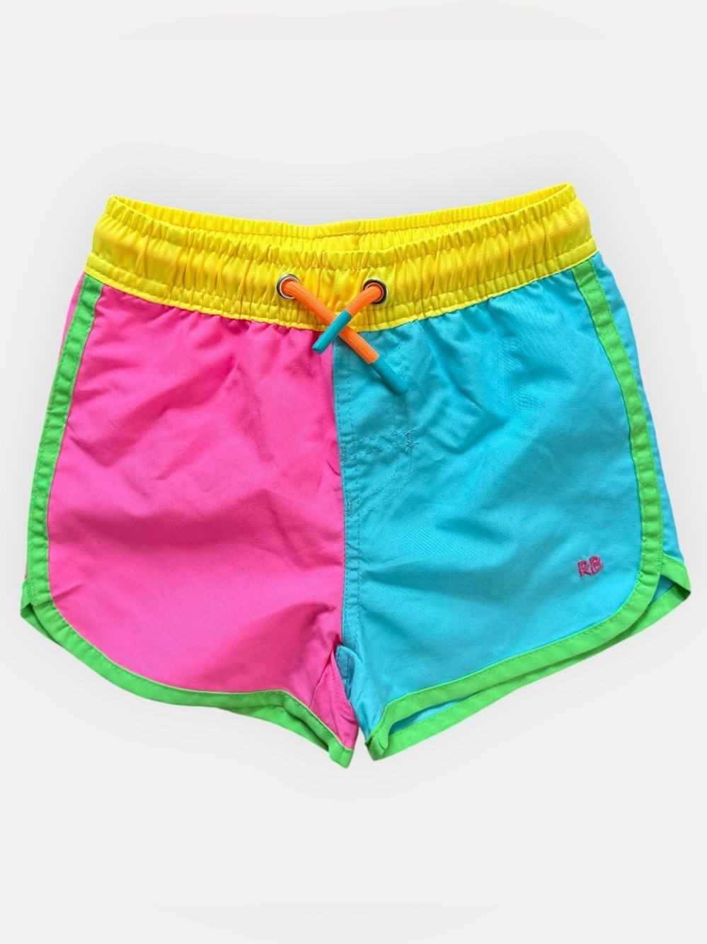 RuggedButts Neon Color Block Swim Trunks Boys Dolphin Hem UPF 50 Board Shorts
